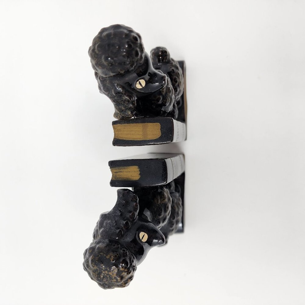Vtg MCM Japan Redware Ceramic 6" Black & Gold Poodle Dog Bookends Pen Holders - Picture 3 of 11